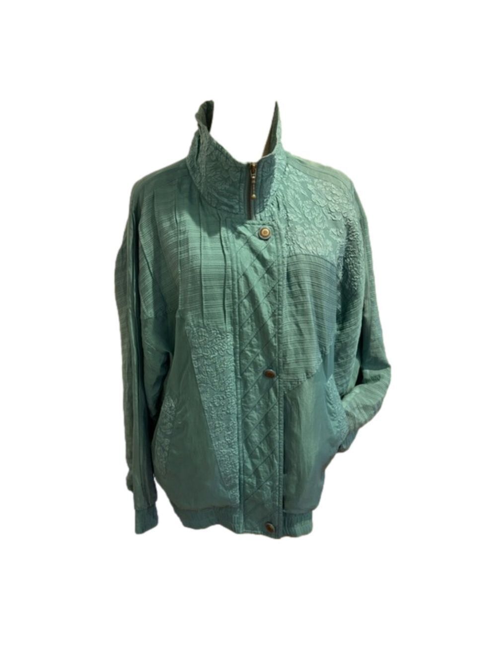 80s GREAT CAVALIER SILK JADE GREEN MULTI-TEXTURED LINED OVERSIZED JACKET SZ XS